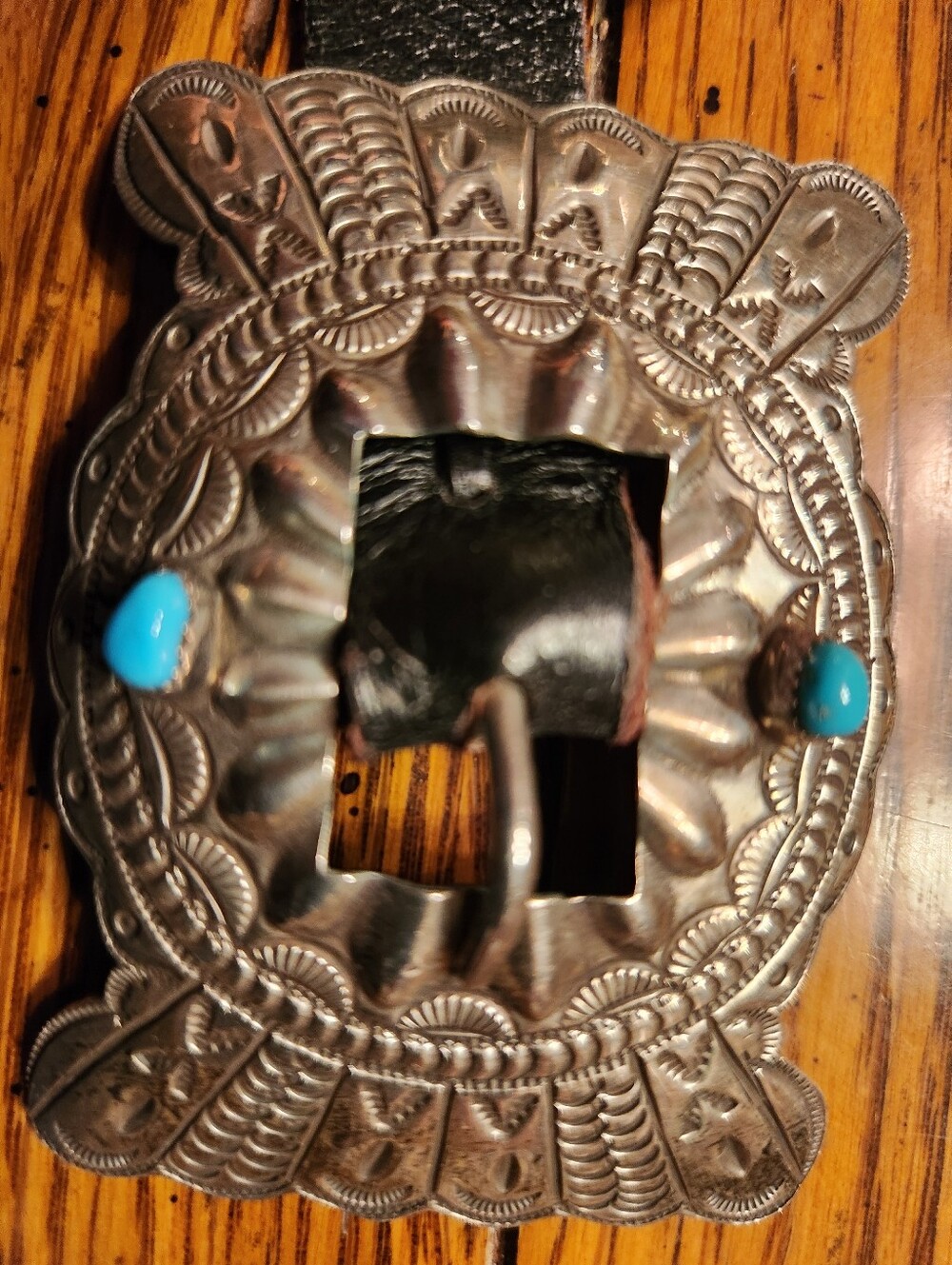Crazy Horse Indian Jewelry Black Leather Concho Belt with Turquoise Accents